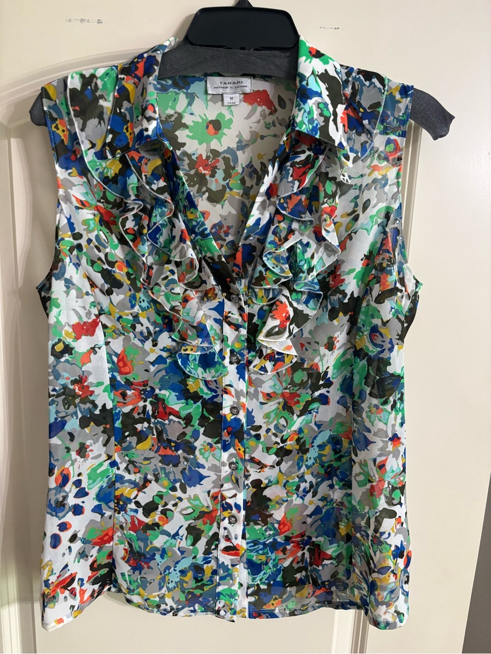 Tahari Multicolor Floral Ruffle Button-Front Blouse